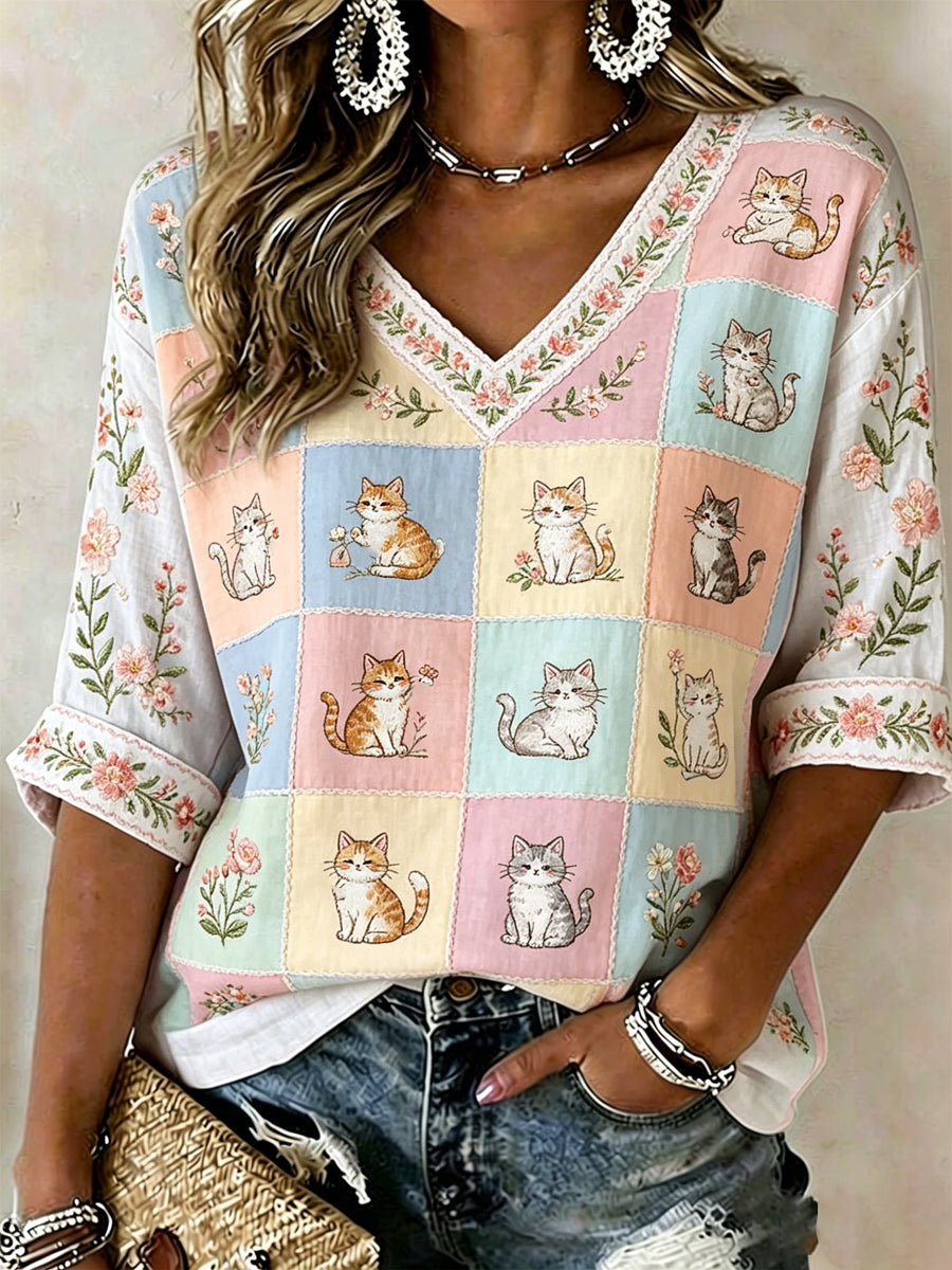 Plantas e flores das mulheres gato bonito imprimir t-shirt casual
