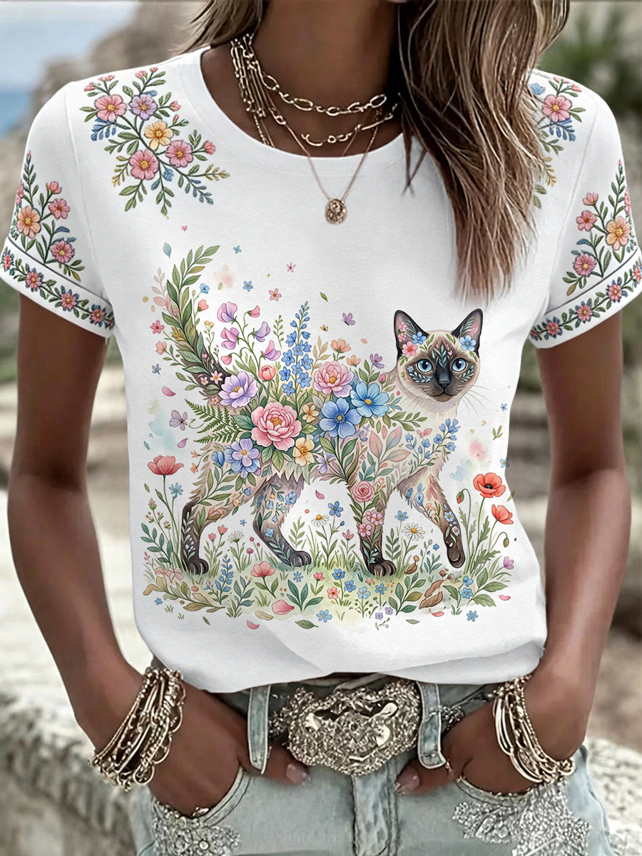 Camiseta casual feminina com estampa floral de gatos