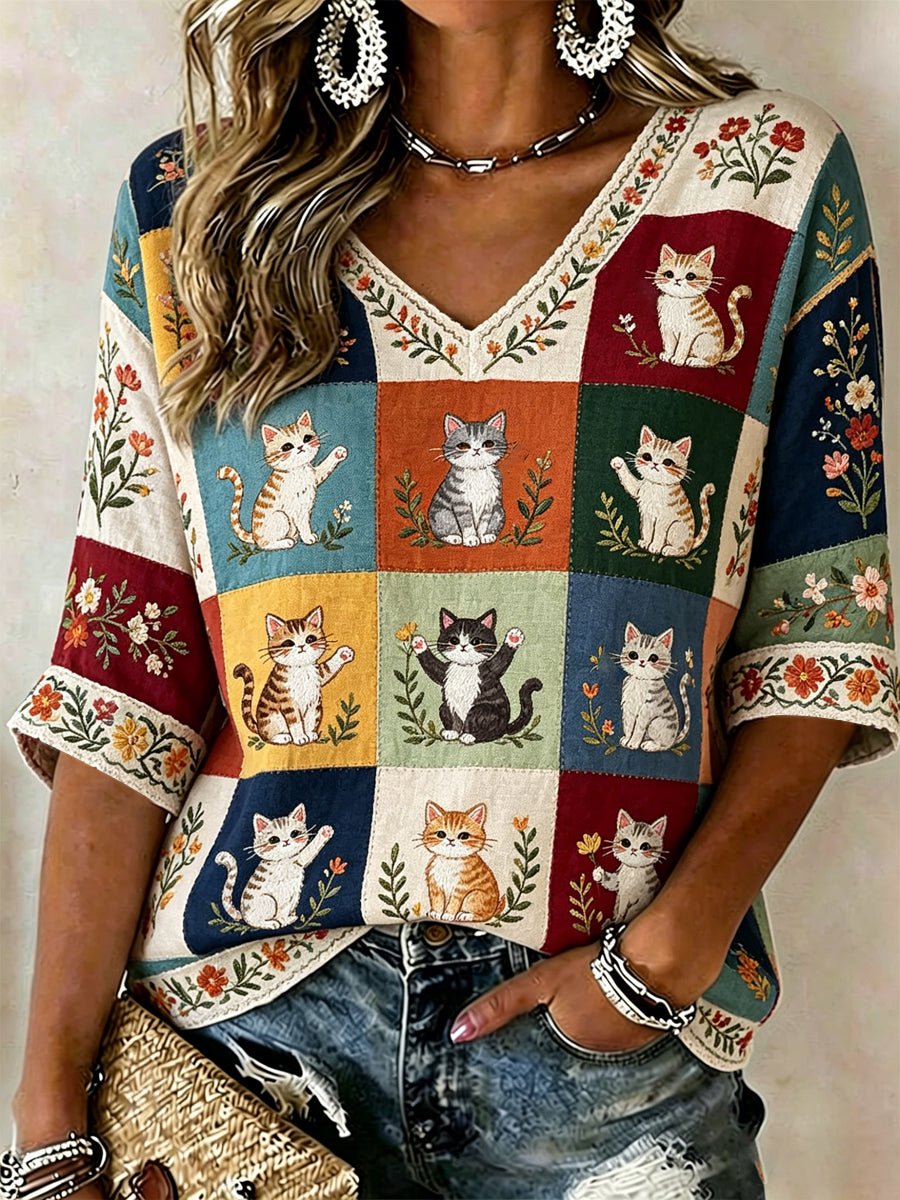 Camiseta casual feminina com estampa fofa de gato, plantas e flores