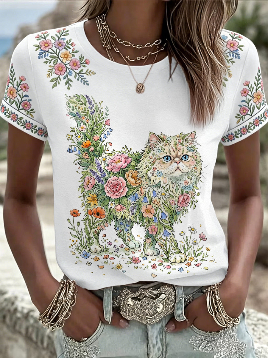 Camiseta casual feminina com estampa floral de gatos