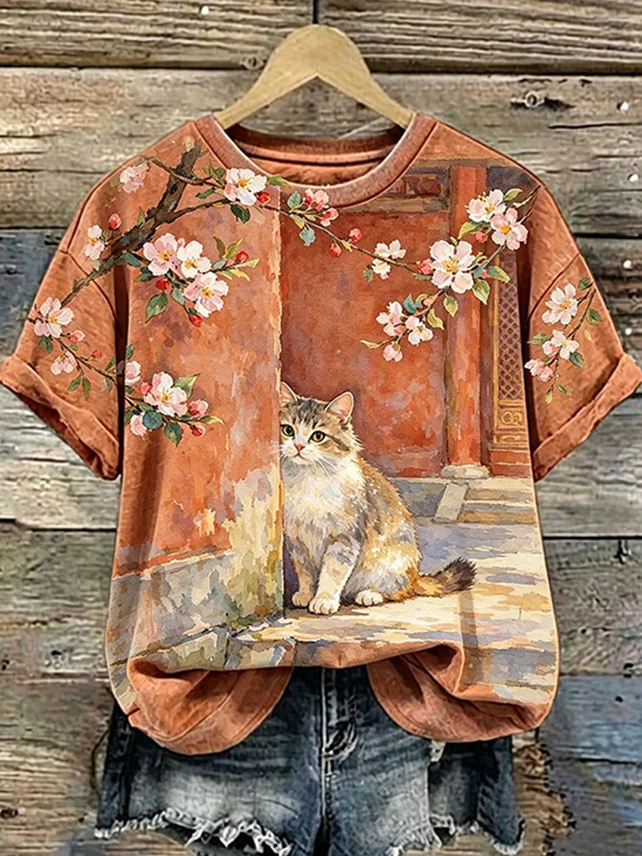 Camiseta Casual com Estampa Artística de Animais Vintage para Mulheres
