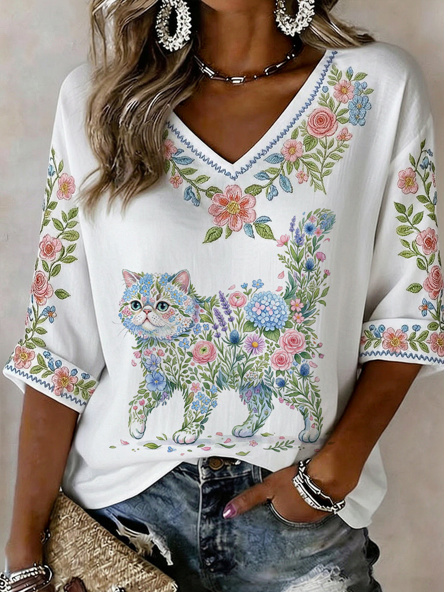 Gato Floral feminino imprime camisa de meia manga casual