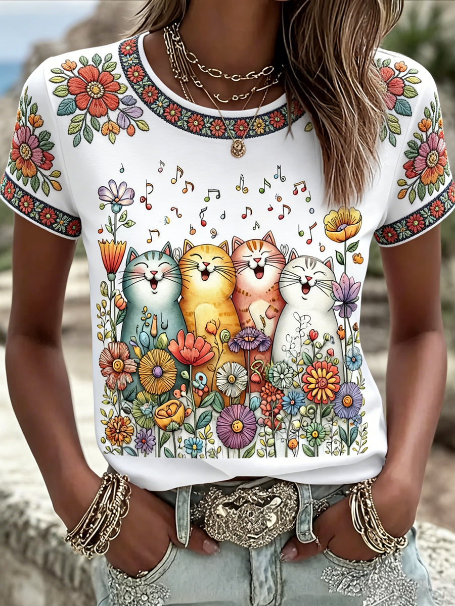 Gatos florais bonitos das mulheres imprimem T Casual