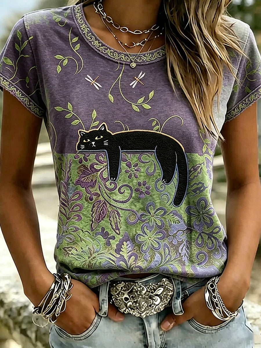 Camiseta Casual com Estampa Artística de Animais Vintage para Mulheres