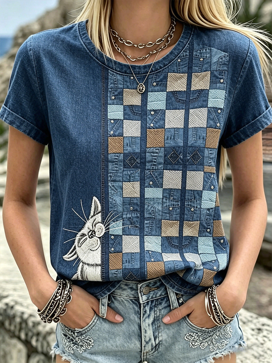 Vintage gatos bonitos Patchwork algodão linho gola mangas curtas Top do mulheres