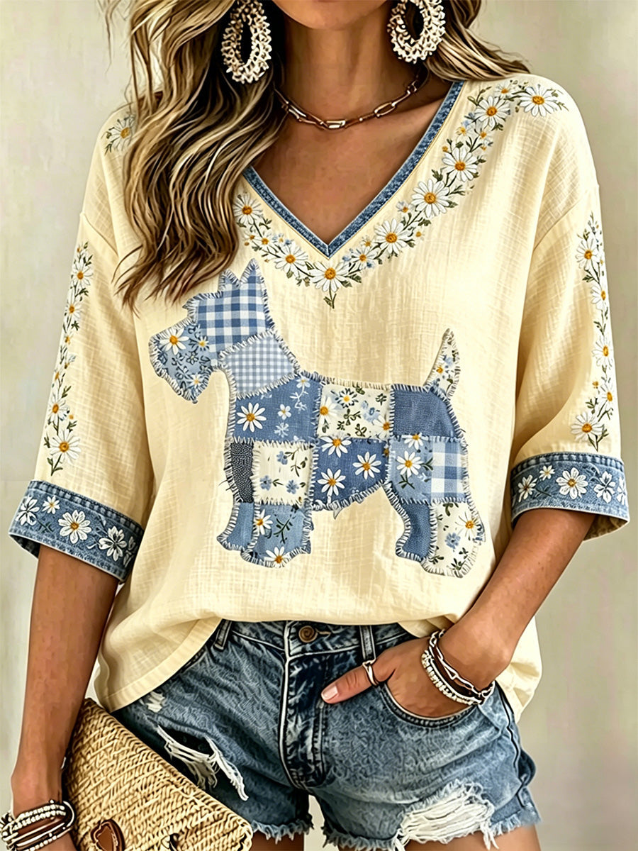 Blusa casual com estampa de cães e flores, decote em V, para mulheres