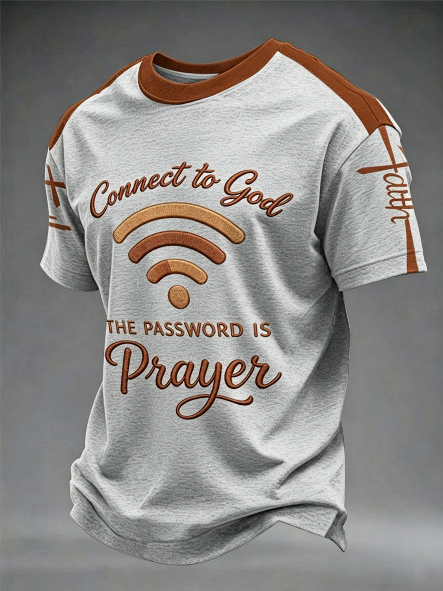 Camiseta casual impressa masculina "Conecte-se a Deus, a senha é oração"