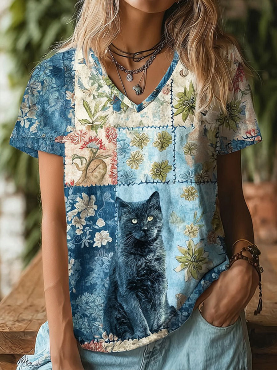 Camiseta casual com estampa de arte de gato para mulheres
