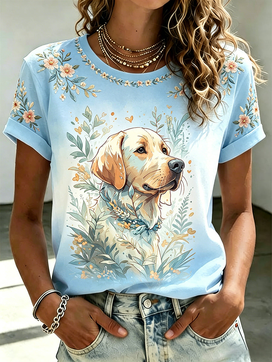 Camiseta casual feminina com estampa de animais e flores