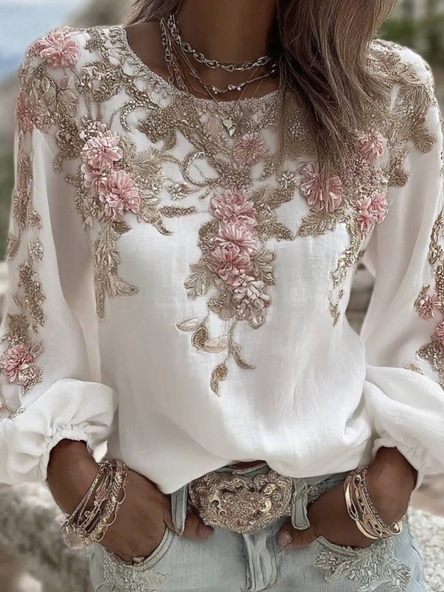 Arte Floral Vintage impressão Casual algodão feminino-Top de linho