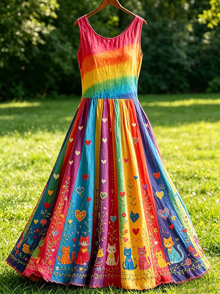 Vestido feminino com estampa artística de flores em arco-íris