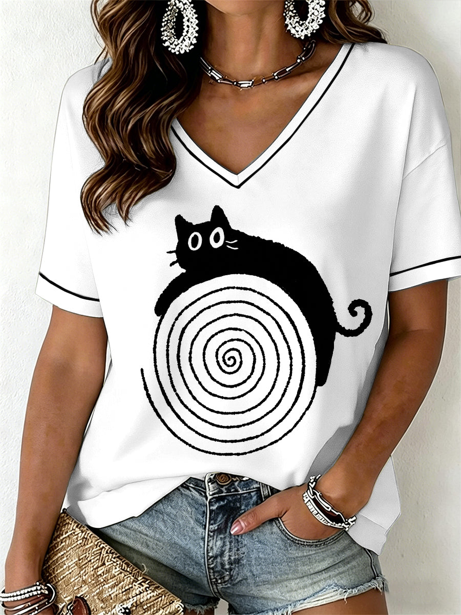 T-shirt engraçada do gato V-Neck das mulheres