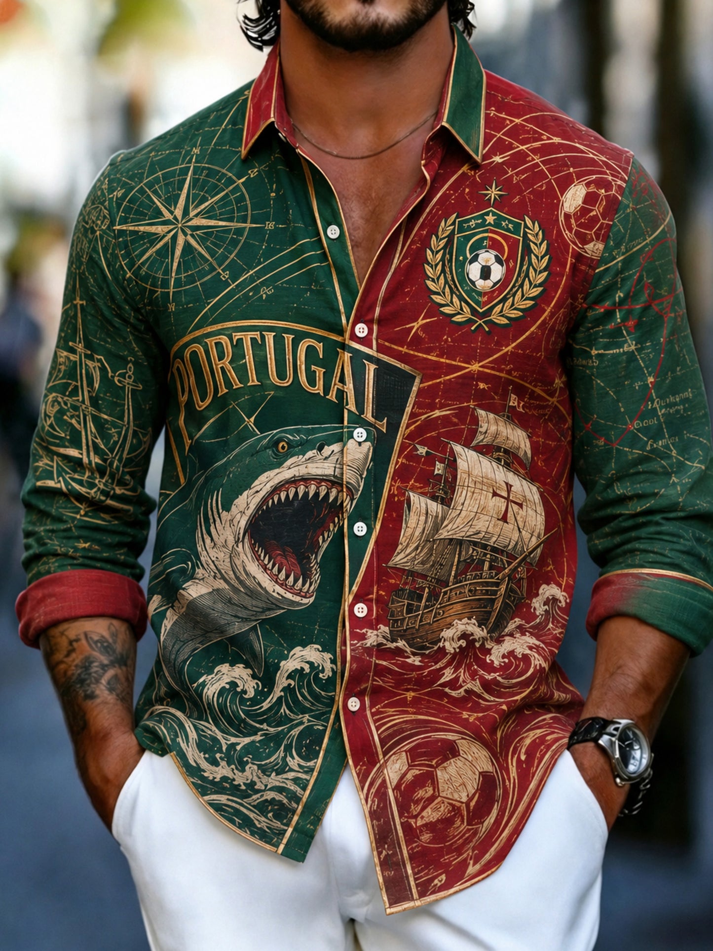 Camisa de Manga Comprida com Estampa Artística para Fãs de Futebol de Portugal – Masculina