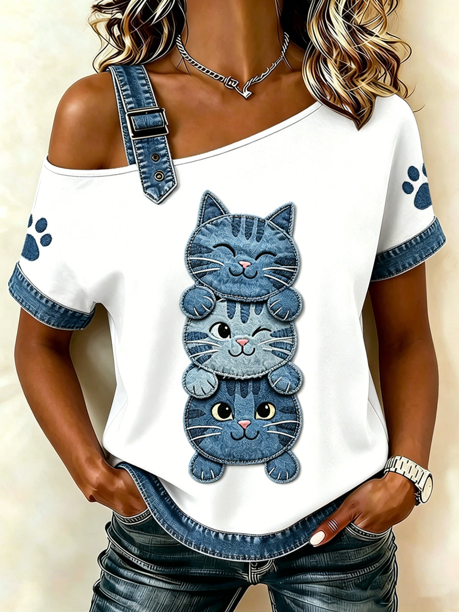 Camiseta feminina de manga curta, solta, estampada com gato, estilo vintage e moderno
