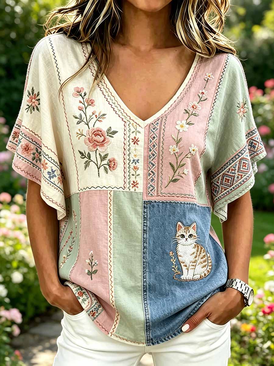 Camiseta Casual Estampada com Estampa de Gato para Mulheres