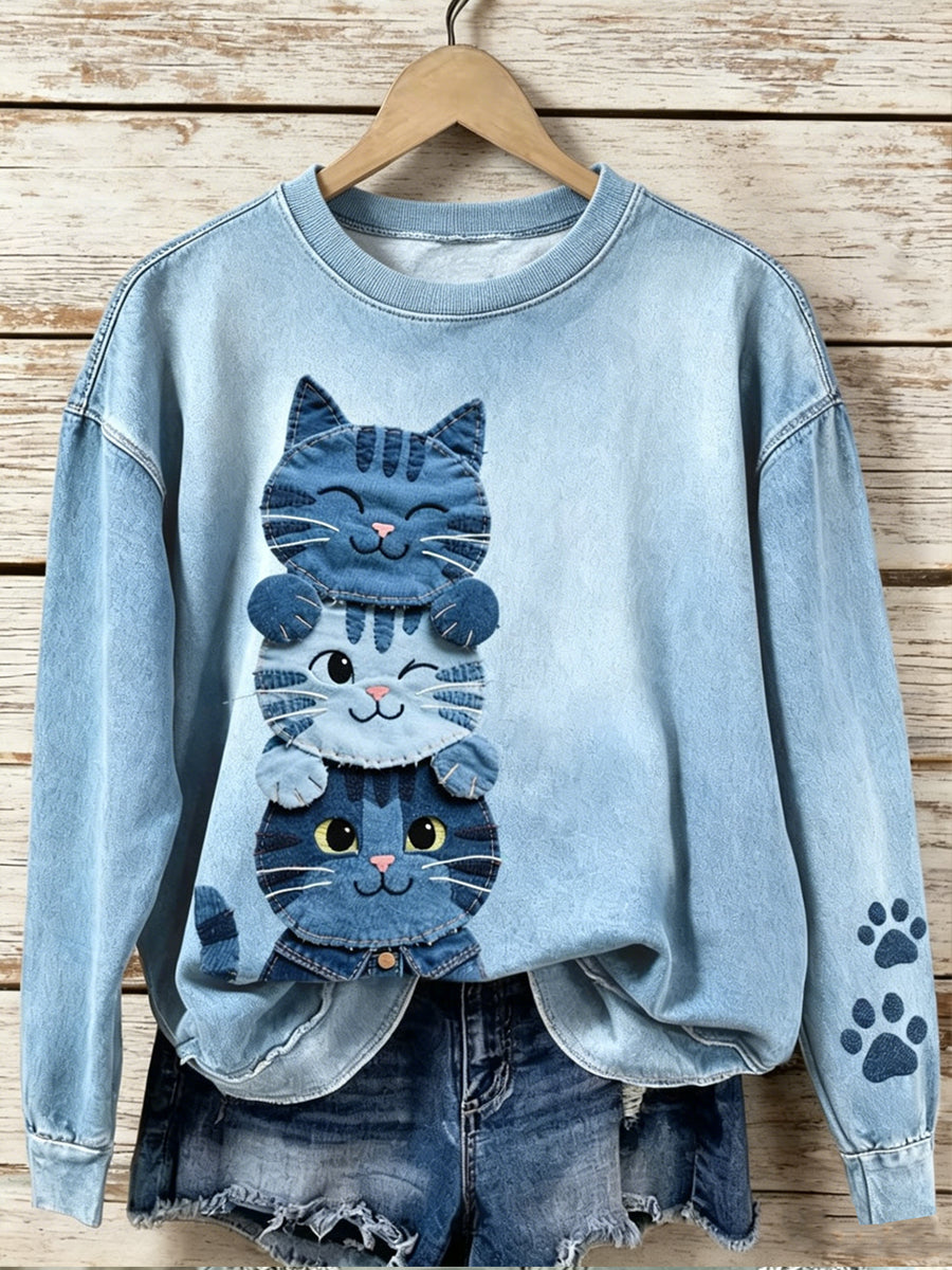Denim gato Animal feminino imprime redondo pescoço longo manga moletom