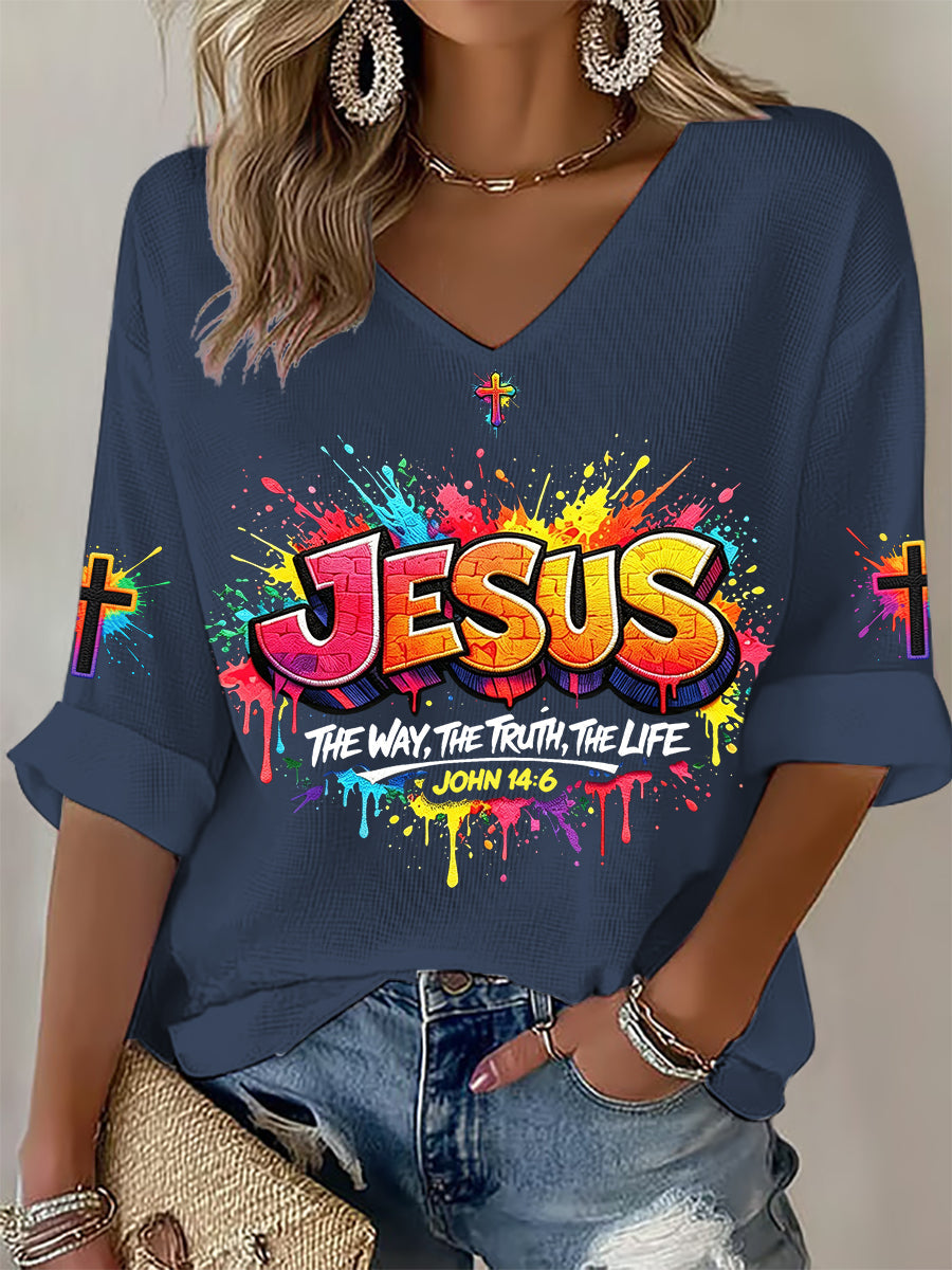 T-shirt das Mulheres Christian Jesus Cross Waffle
