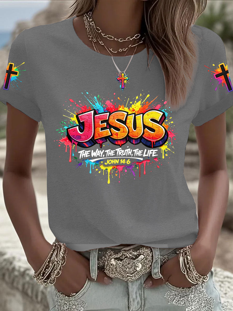 Mulheres Christian Jesus Cross T-shirt de manga curta