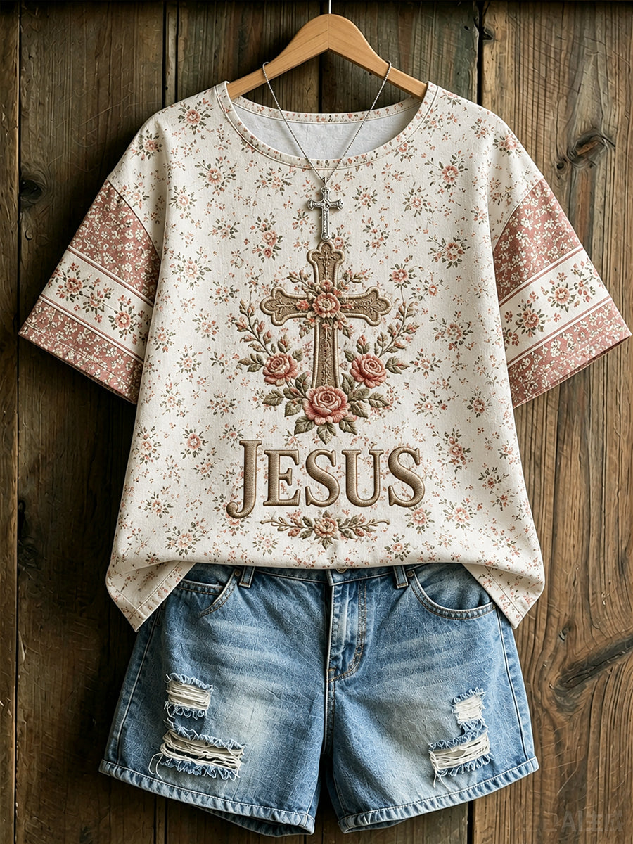 Blusa feminina de linho com estampa floral, Jesus e cruz, de mangas curtas