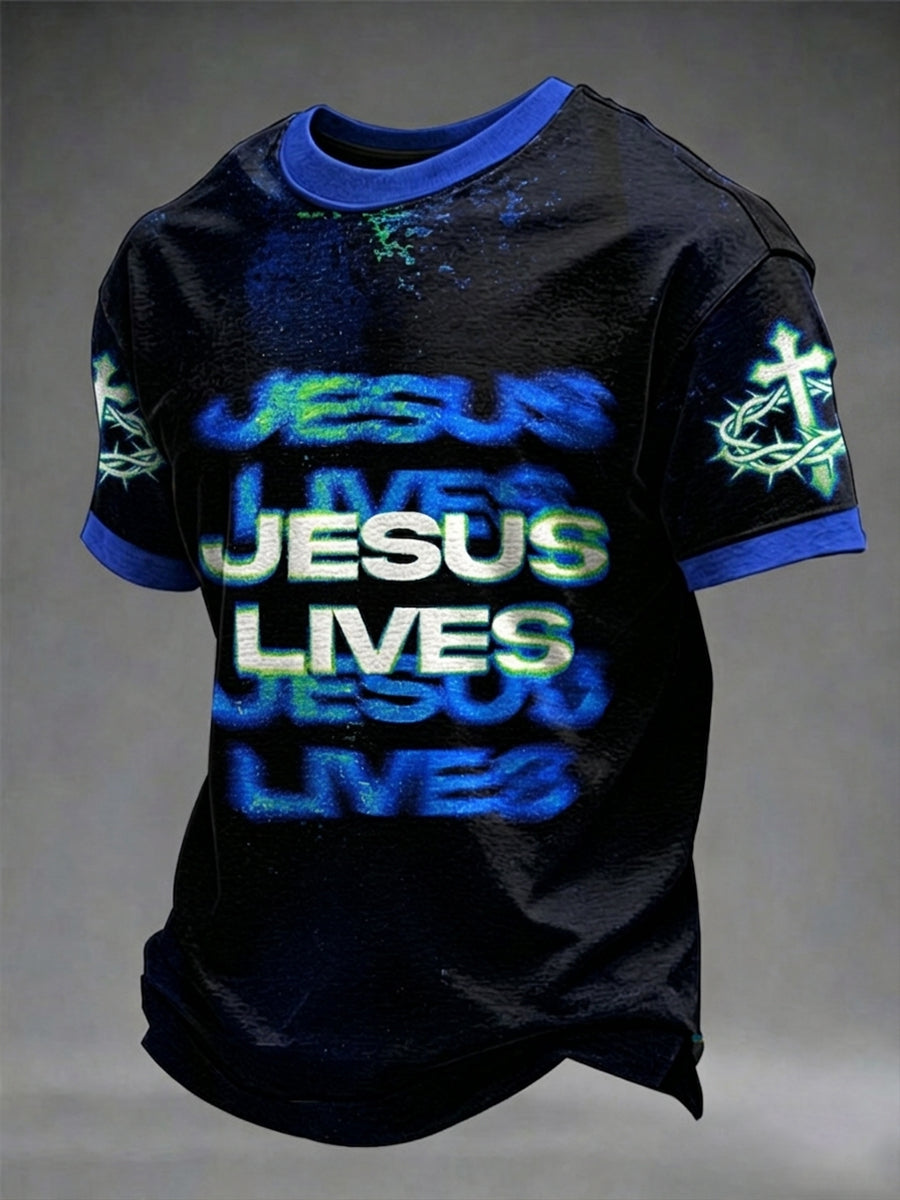 Camiseta masculina cristã com estampa de cruz de Jesus e mangas curtas