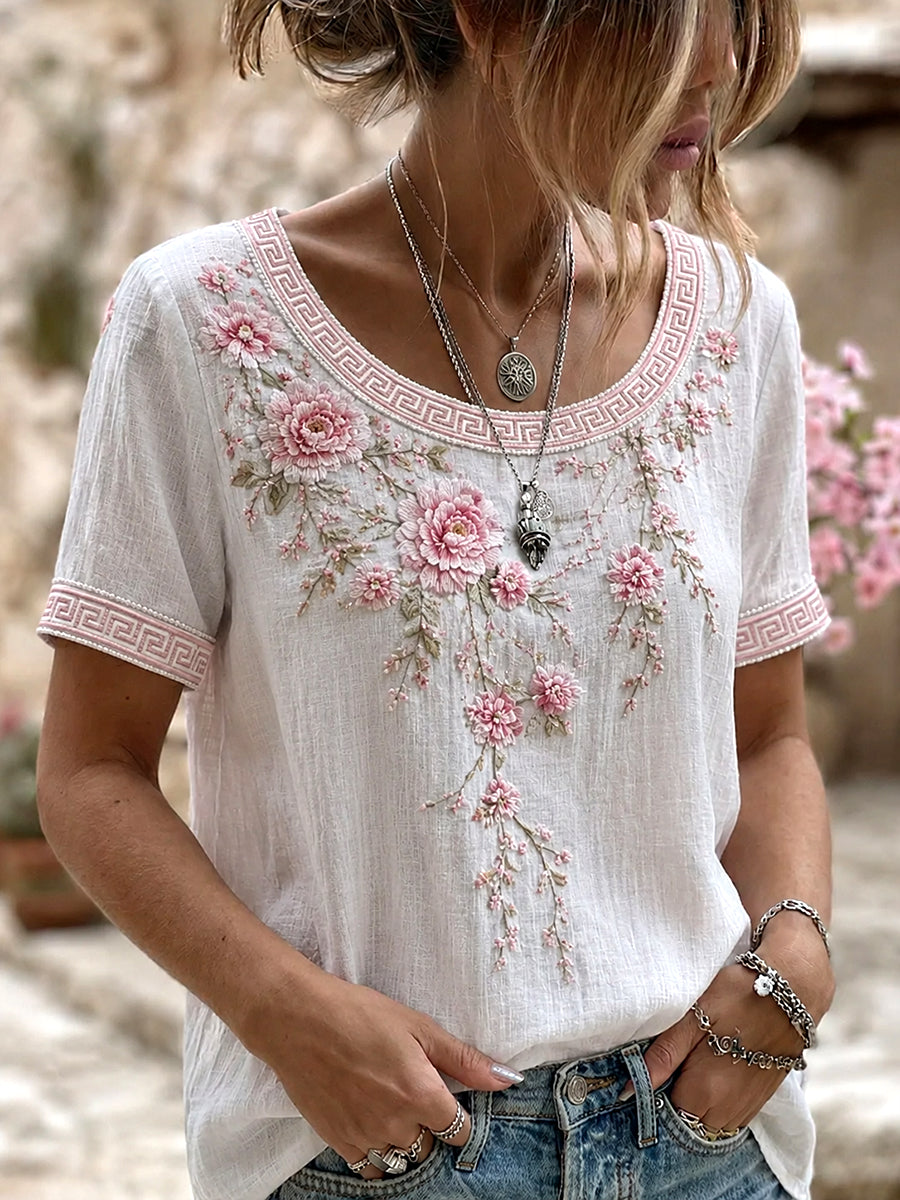 Blusa feminina casual de algodão-linho com estampa floral clássica