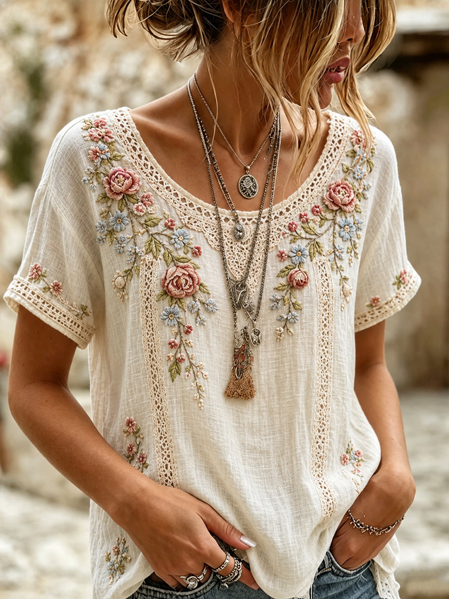 Blusa feminina casual de algodão-linho com estampa floral clássica
