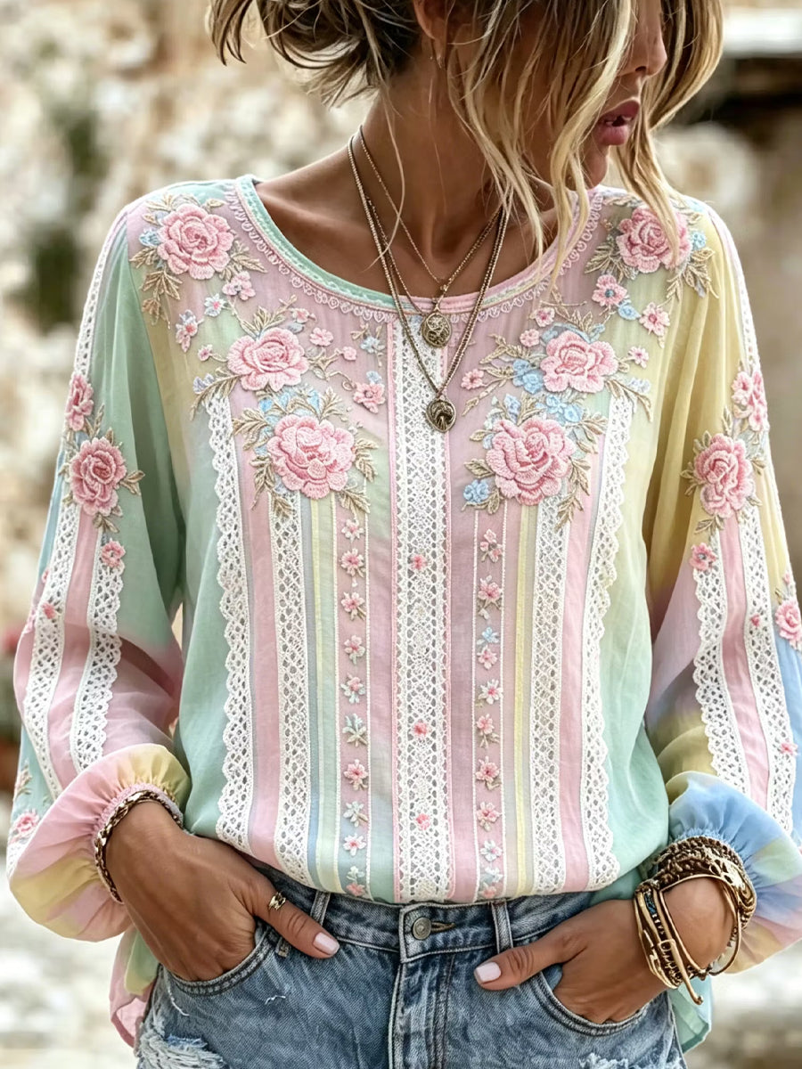 Blusa feminina casual de algodão-linho com estampa floral clássica