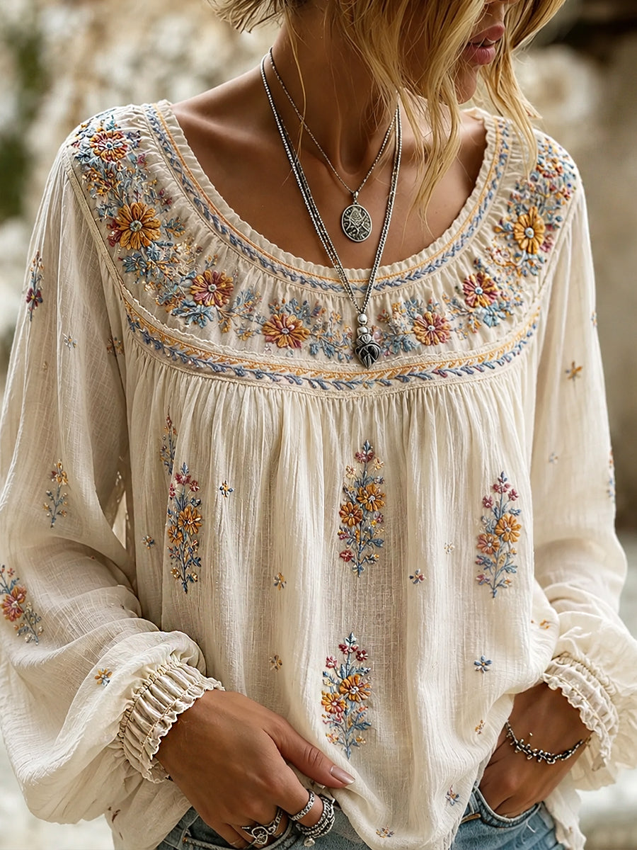 Blusa feminina casual de algodão-linho com estampa floral clássica