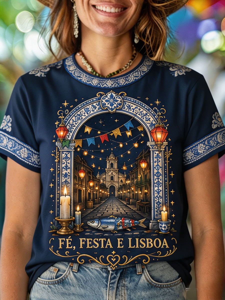 Camiseta feminina Santos Populares com estampa artística de sardinha