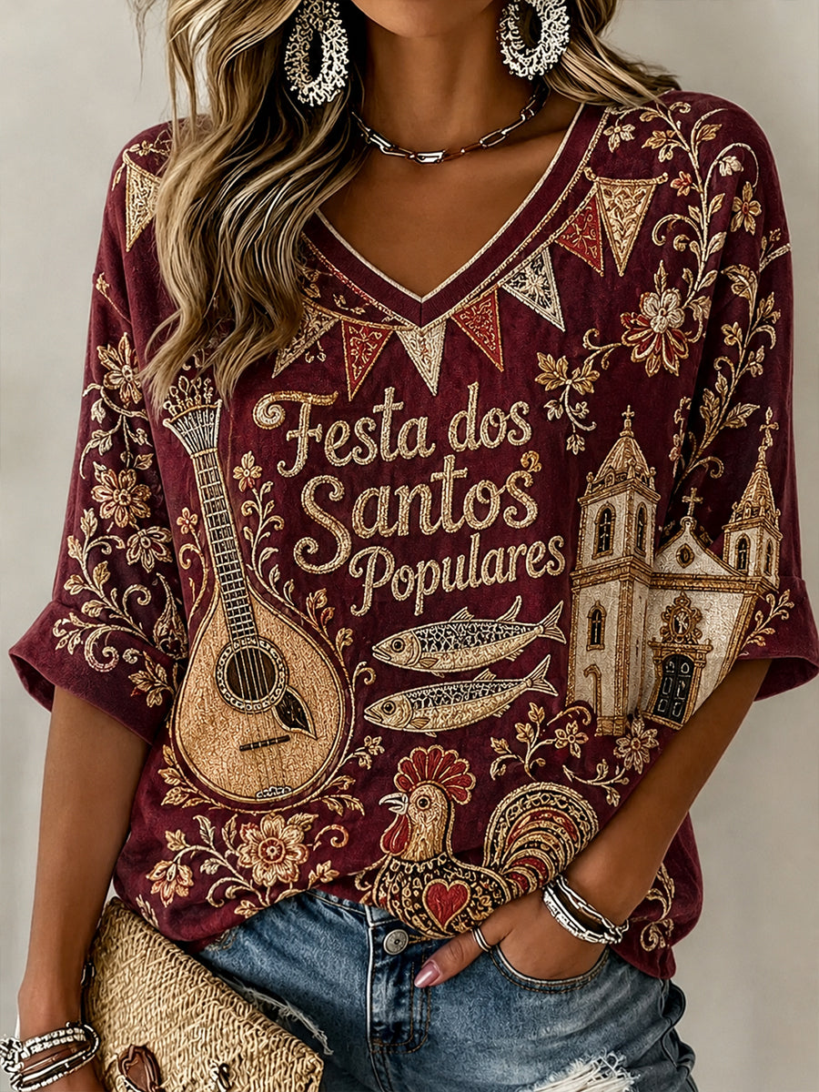Camisa de Linho com Gola em V e Estampa do Dia de Santo Antônio de Portugal para Mulheres