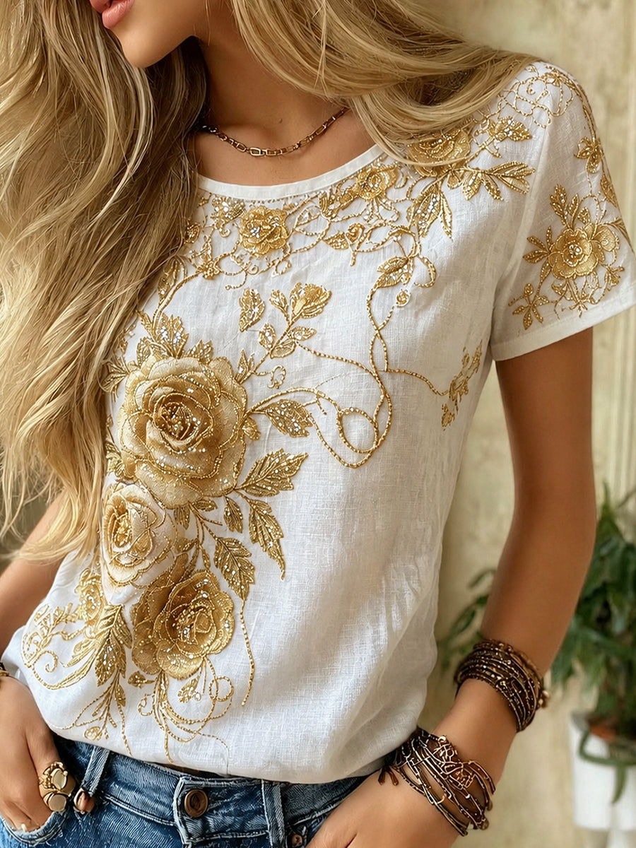 Blusa feminina casual de algodão-linho com estampa floral clássica