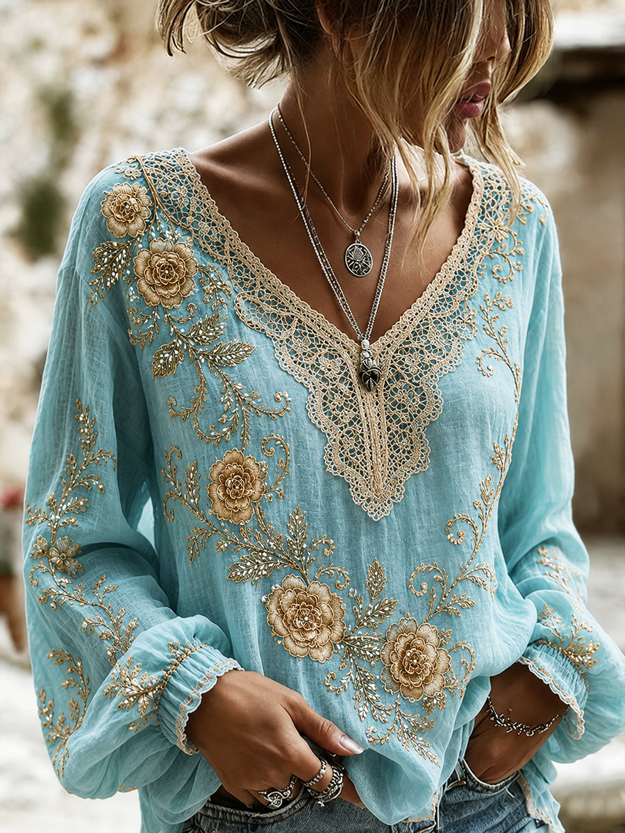 Blusa feminina casual de algodão-linho com estampa floral clássica