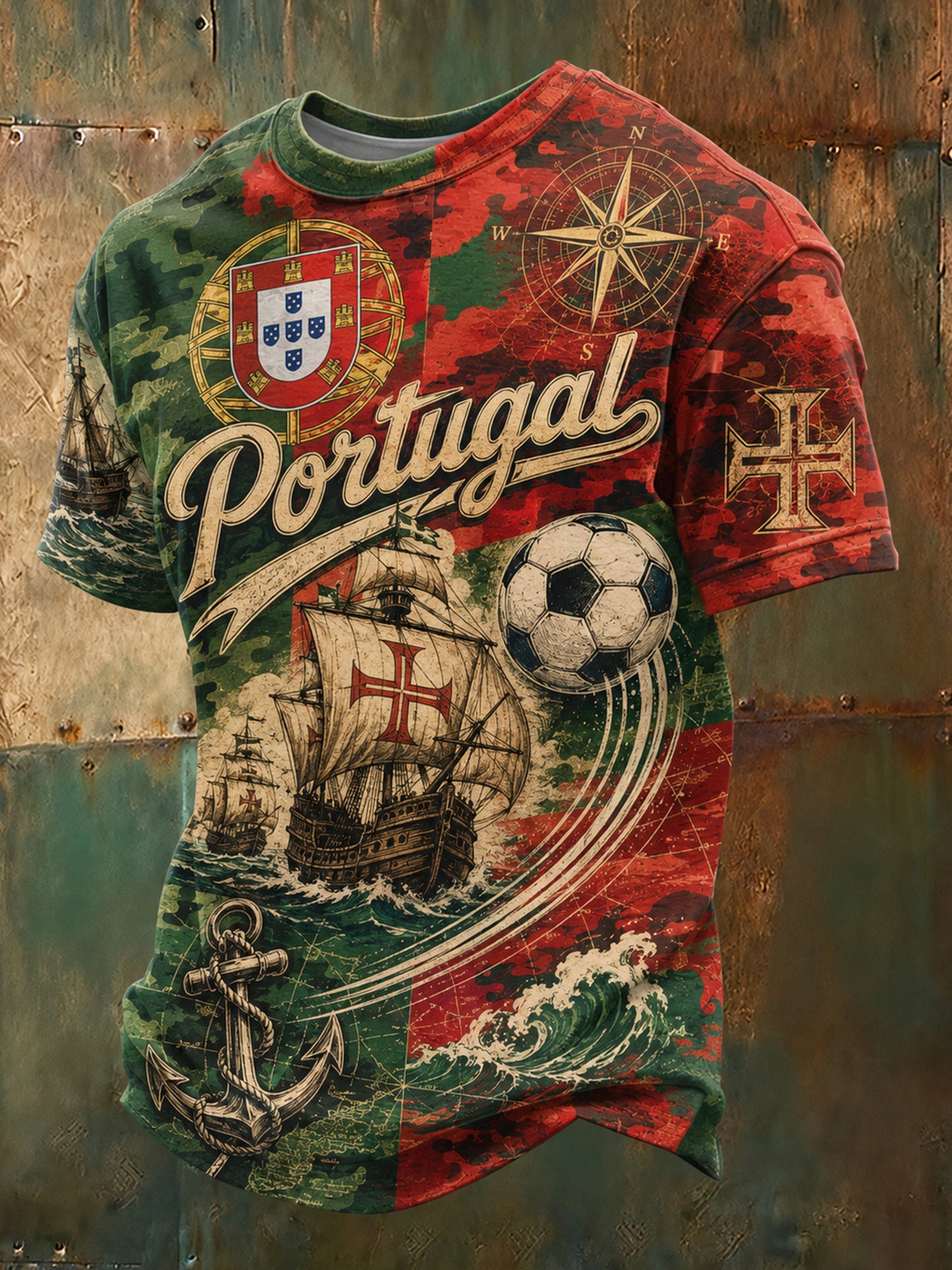 Camiseta com Estampa Artística de Jogo de Futebol da Seleção Portuguesa Masculina