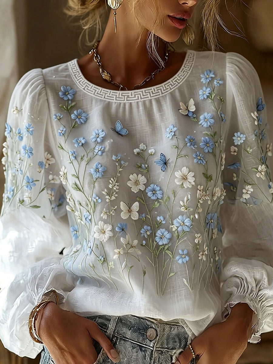 Blusa feminina casual de algodão-linho com estampa floral clássica