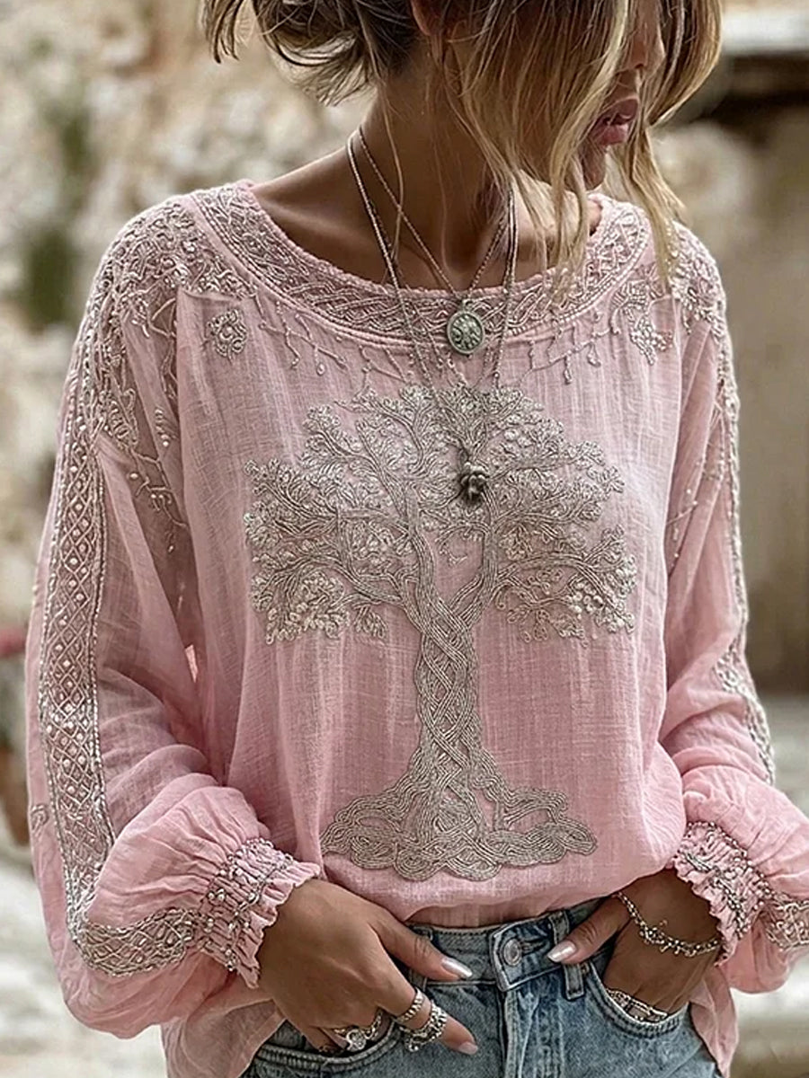 Blusa feminina casual de algodão-linho com estampa floral clássica