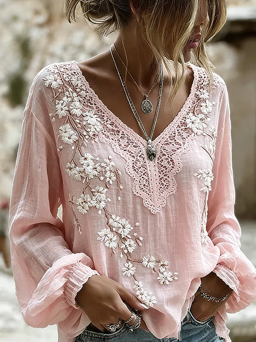 Blusa feminina casual de algodão-linho com estampa floral clássica