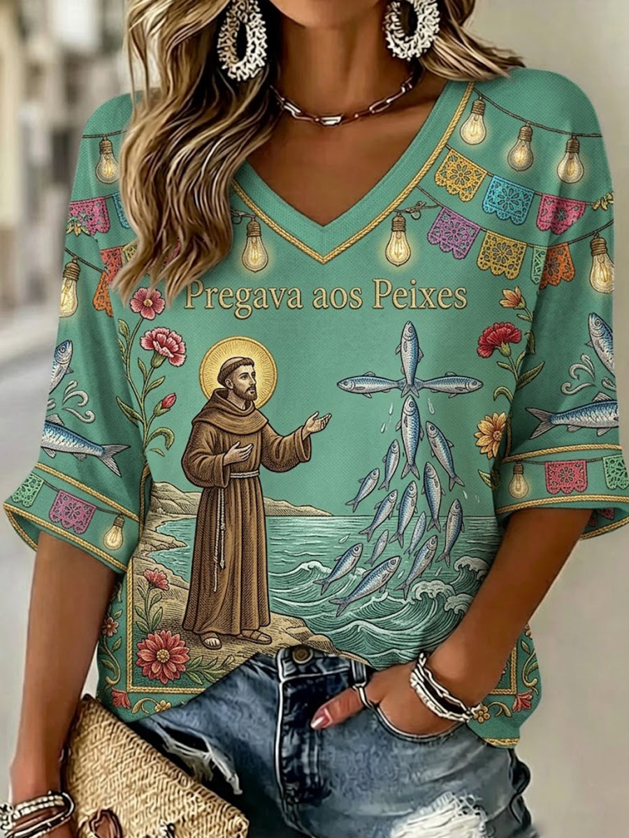 Camisa de Linho com Gola em V e Estampa do Dia de Santo Antônio de Portugal para Mulheres