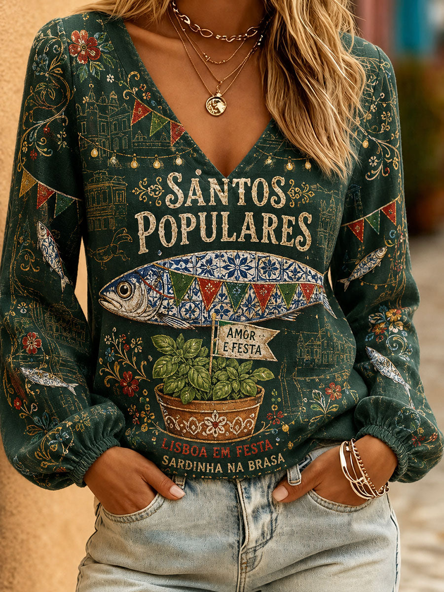 Blusas de Linho Estampadas com Arte da Festa dos Santos Populares de Portugal para Mulheres