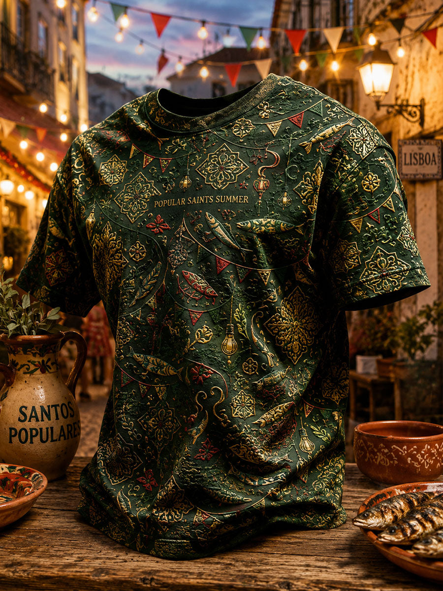 Camiseta masculina com estampa artística da Festa dos Santos Populares de Portugal