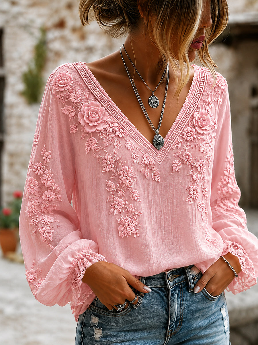 Blusa feminina casual de algodão-linho com estampa floral clássica