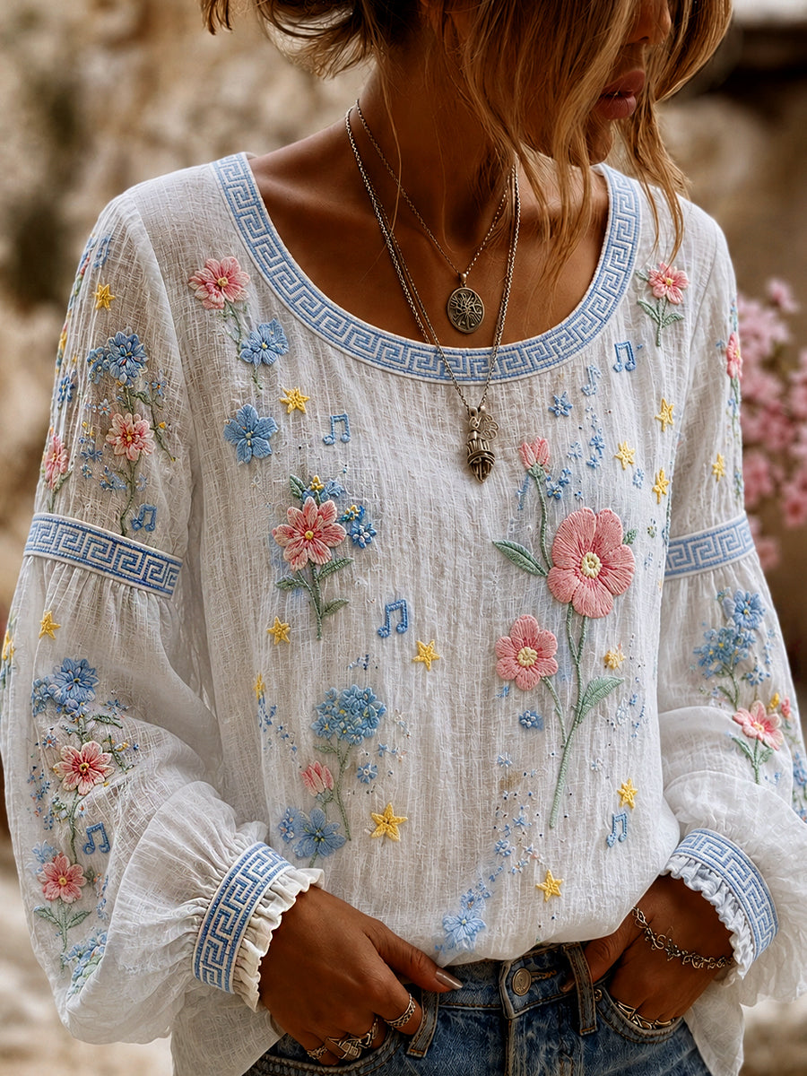 Blusa feminina casual de algodão-linho com estampa floral clássica