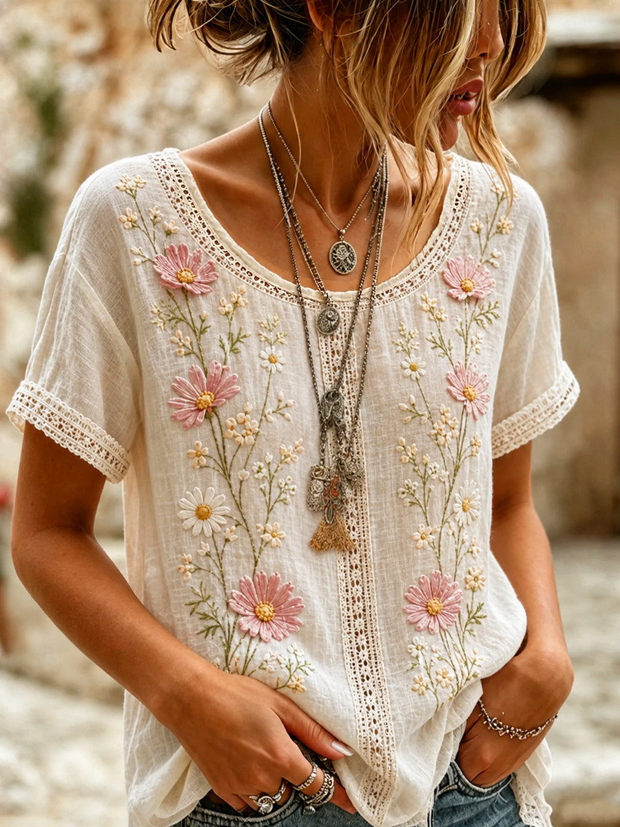 Blusa feminina casual de algodão-linho com estampa floral clássica