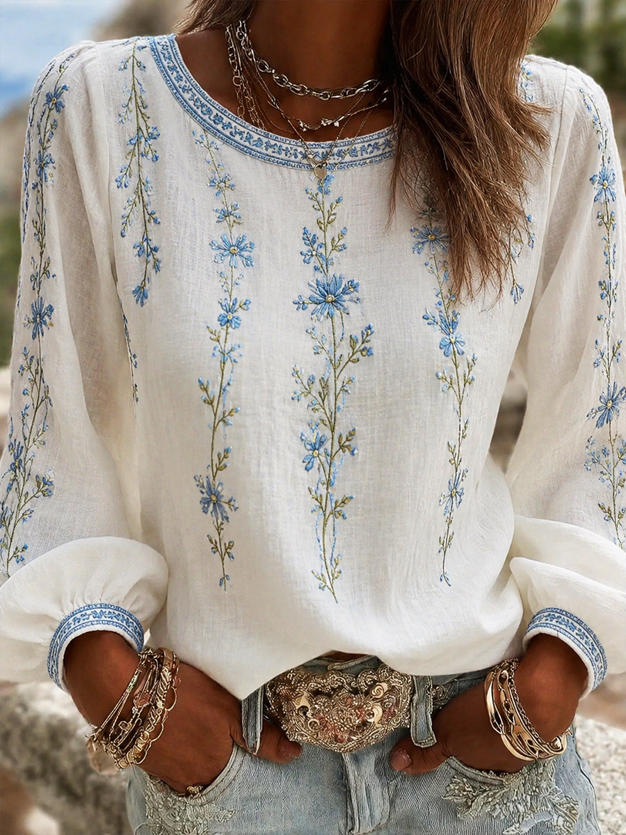 Blusa feminina casual de algodão-linho com estampa floral clássica