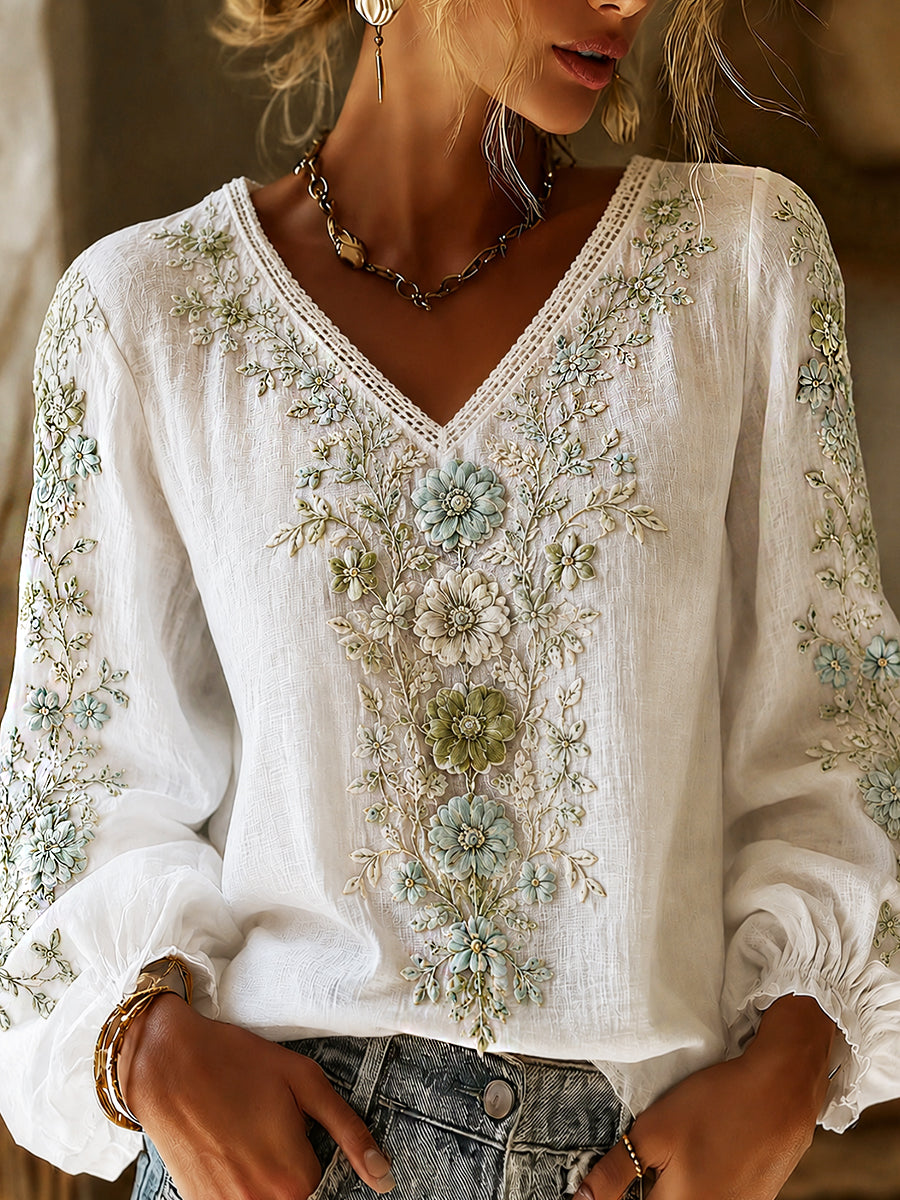 Blusa feminina casual de algodão-linho com estampa floral clássica