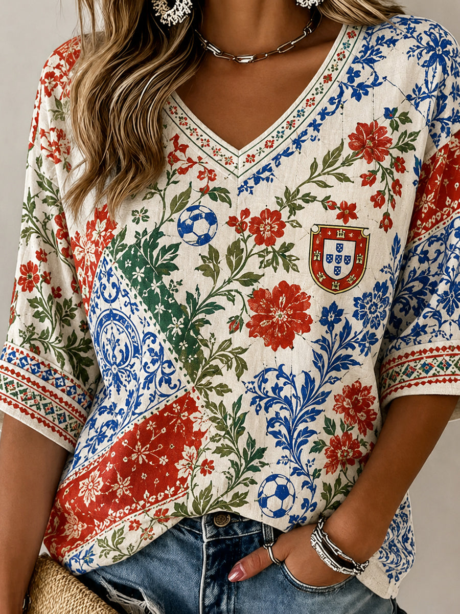 Camisa de Linho com Gola em V e Estampa de Dia de Santo Antônio, para Mulheres, Portugal