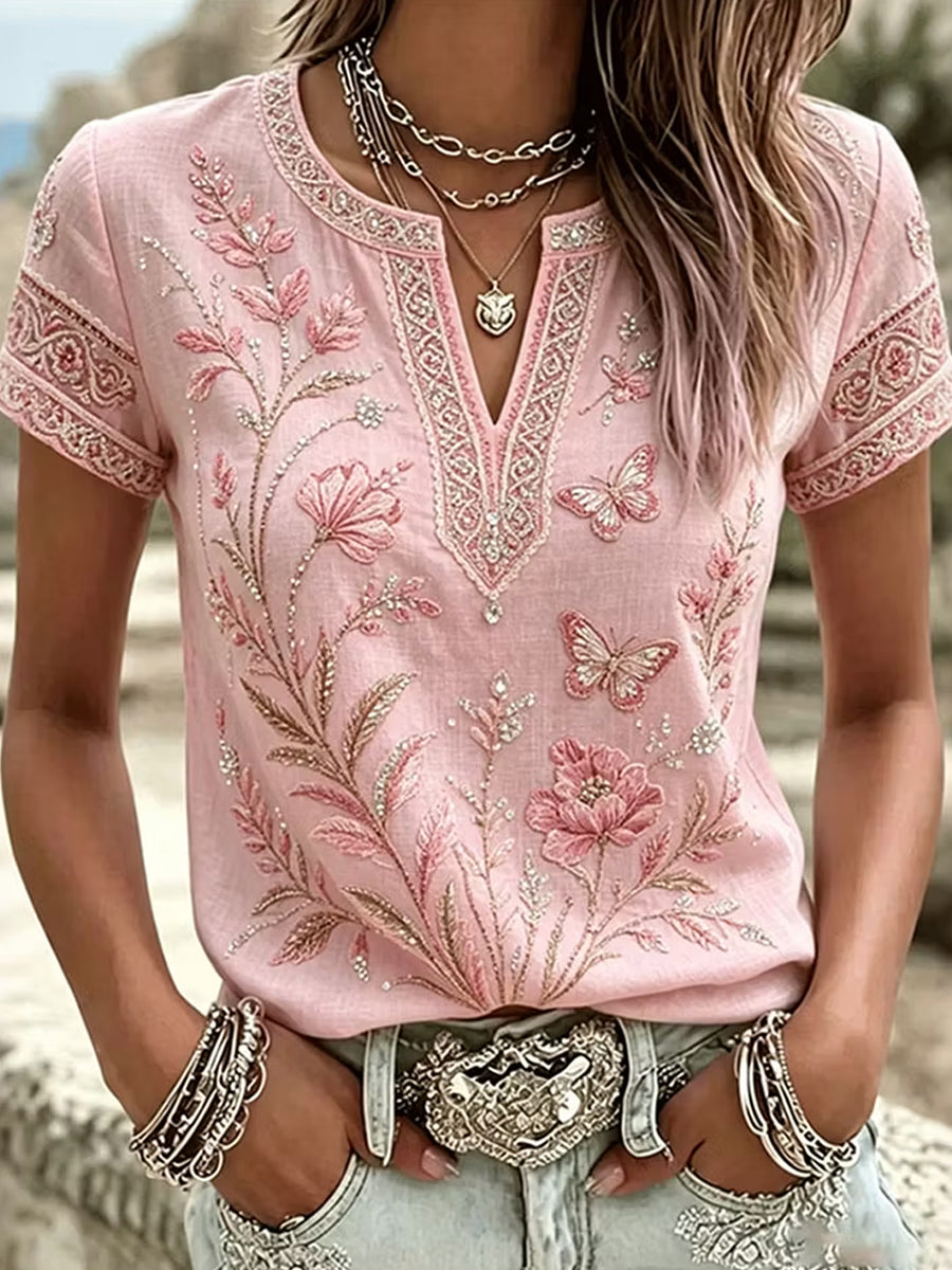Blusa feminina casual de algodão-linho com estampa floral clássica