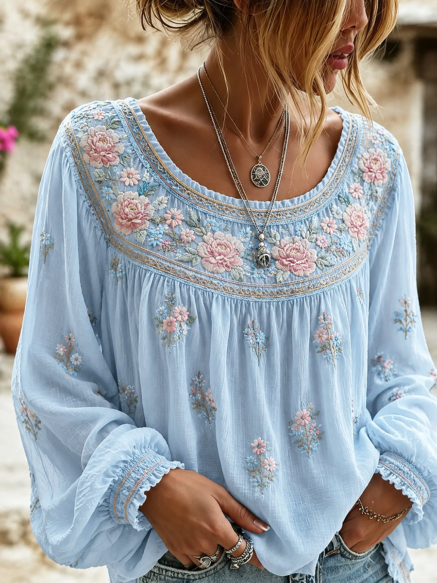 Blusa feminina casual de algodão-linho com estampa floral clássica