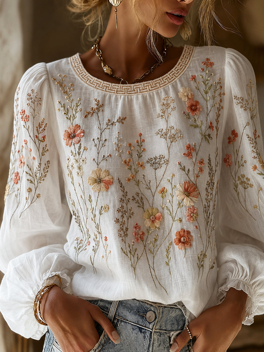 Blusa feminina casual de algodão-linho com estampa floral clássica