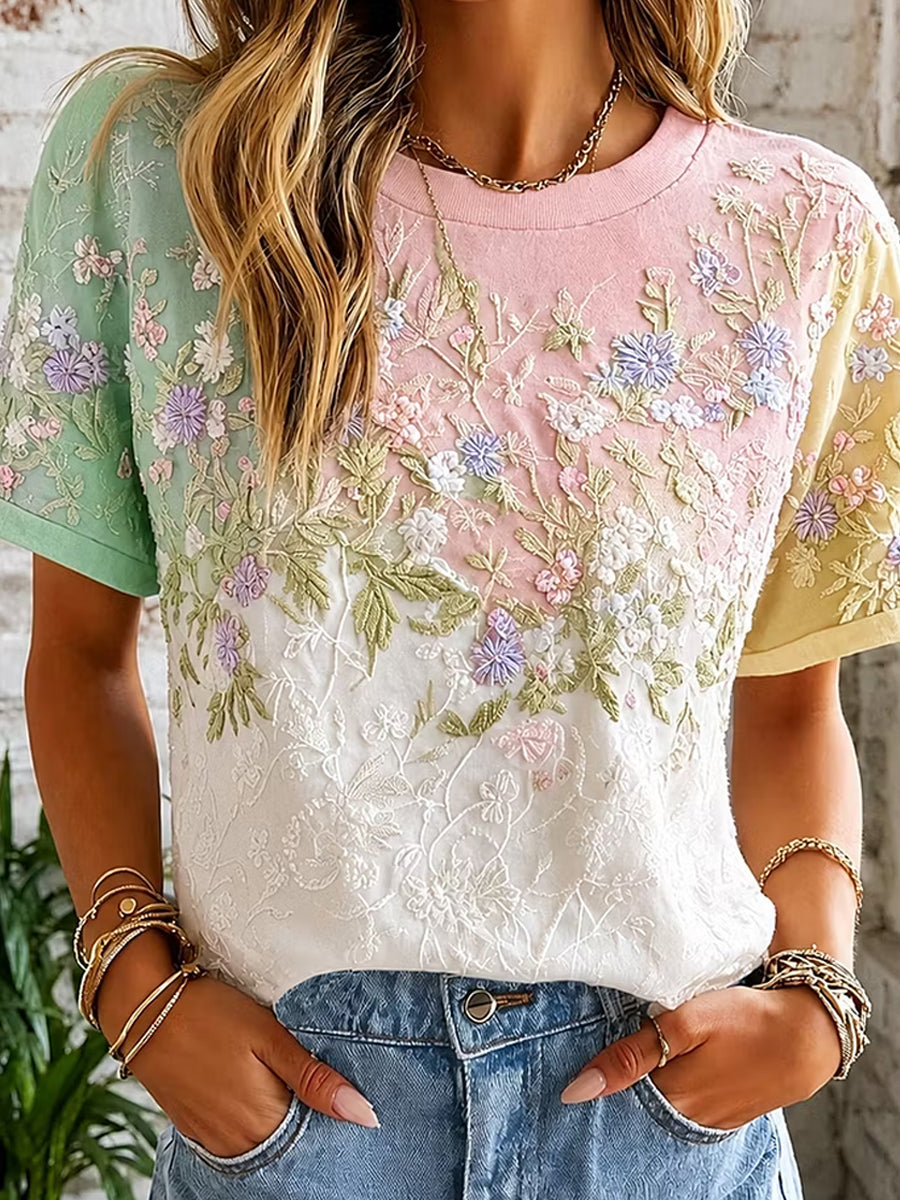 Blusa feminina casual de algodão-linho com estampa floral clássica