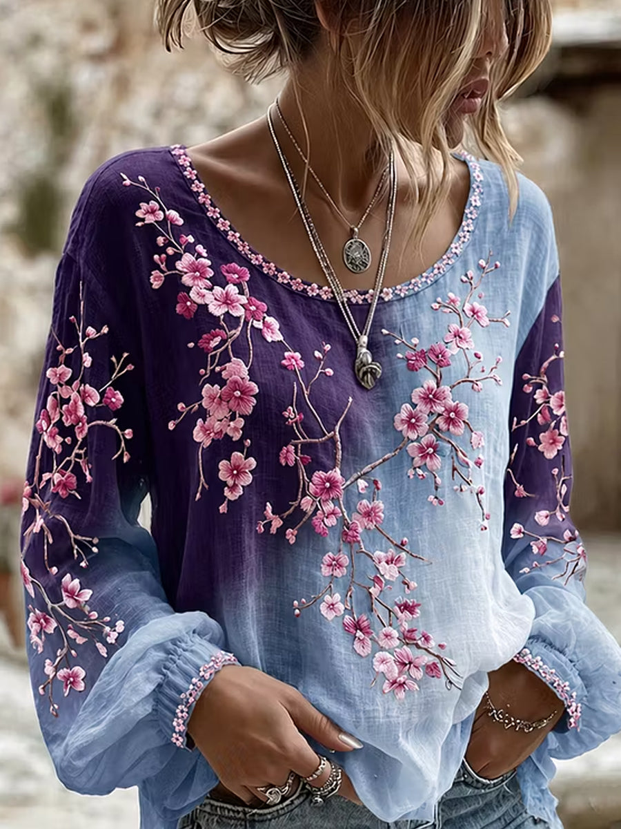 Blusa feminina casual de algodão-linho com estampa floral clássica